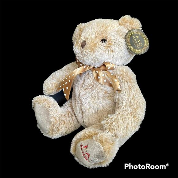 FAO SCHWARZ 9" Tan Stuffed Bear Plushie with Polka Dot Bow NWT - Picture 4 of 7